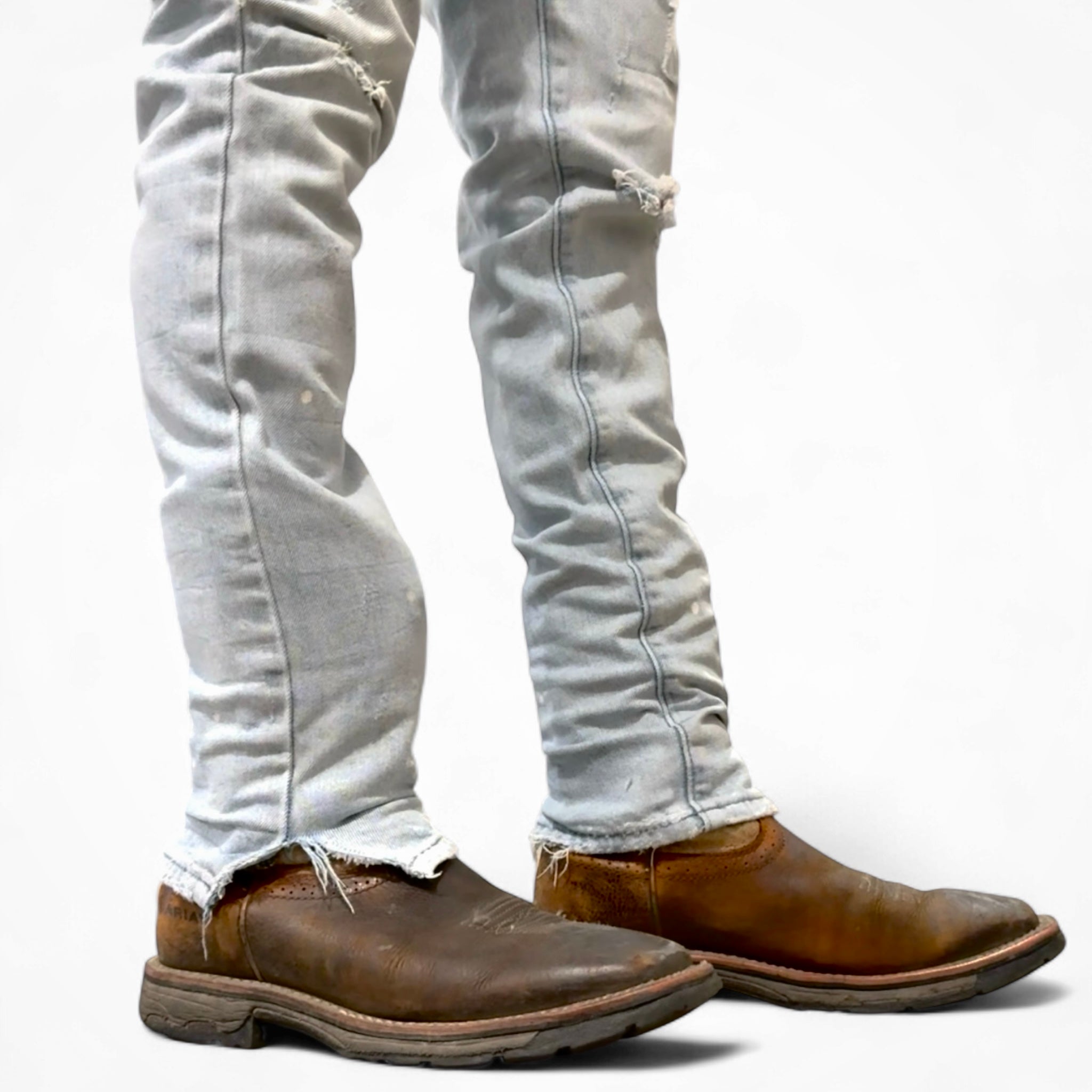 Cowboy bootstraps with slim jeans showing before and after look